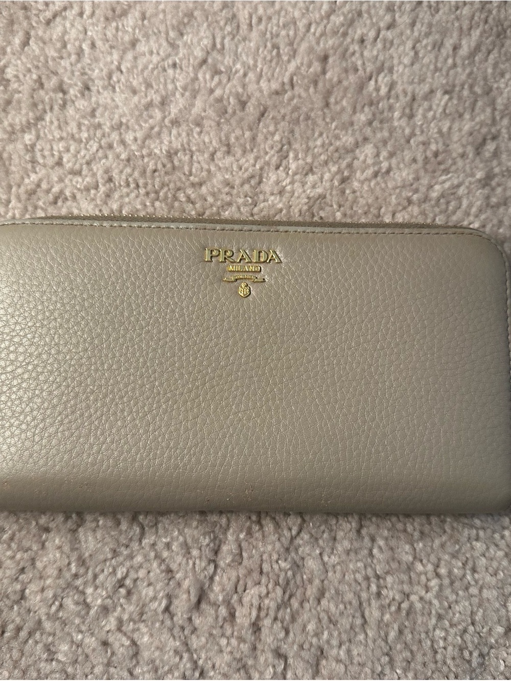 Prada Taupe Pebbled Leather Zip Around Wallet (Authentic)